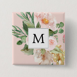 Badge Carré 5 Cm Aquarelle moderne Fleurs roses Monogrammes