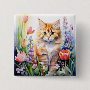 Badge Carré 5 Cm Aquarelle Orange Tabby Kitty Chat Dans Le Jardin F