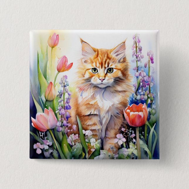 Badge Carré 5 Cm Aquarelle Orange Tabby Kitty Chat Dans Le Jardin F (Devant)