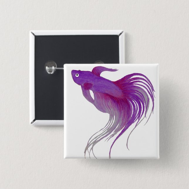 Badge Carré 5 Cm Aquarelle Profond Purple Betta Fish (Devant & derrière)