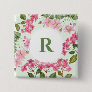 Badge Carré 5 Cm Aquarelle rose Hydrangea et anémone japonaise