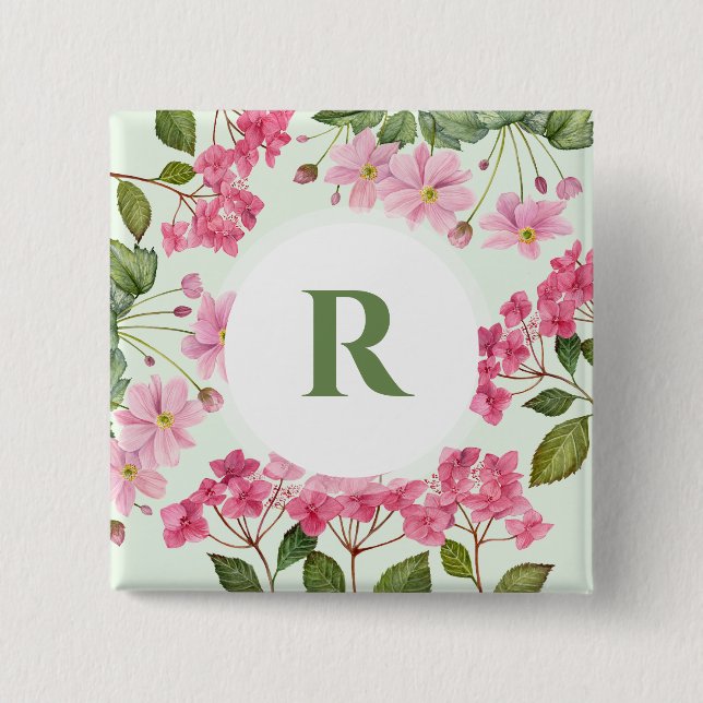 Badge Carré 5 Cm Aquarelle rose Hydrangea et anémone japonaise (Devant)