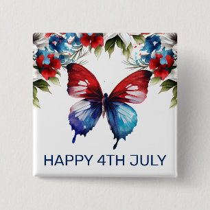 Badge Carré 5 Cm Aquarelle Rouge, Bleu et Blanc Fleurs 4 juillet