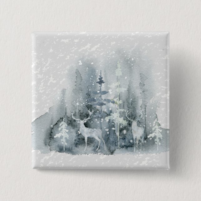 Badge Carré 5 Cm Aquarelle, vêtements, bois, cerf, neige, arbres (Devant)