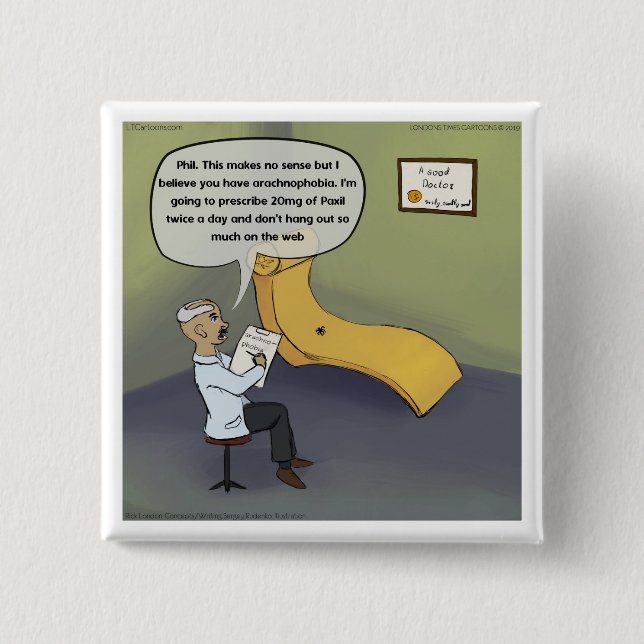 Badge Carré 5 Cm Araignée Avec Arachnophobie En Thérapie Drôle (Devant)
