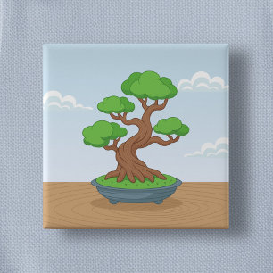 Badge Carré 5 Cm Arbre Bonsaï Japonais Tordu sur une Table