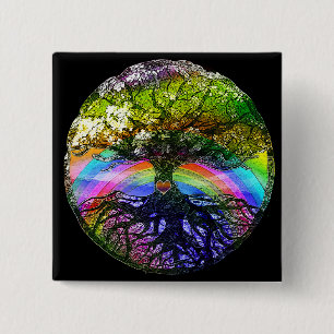 Badge Carré 5 Cm Arbre de la vie avec le coeur d'arc-en-ciel