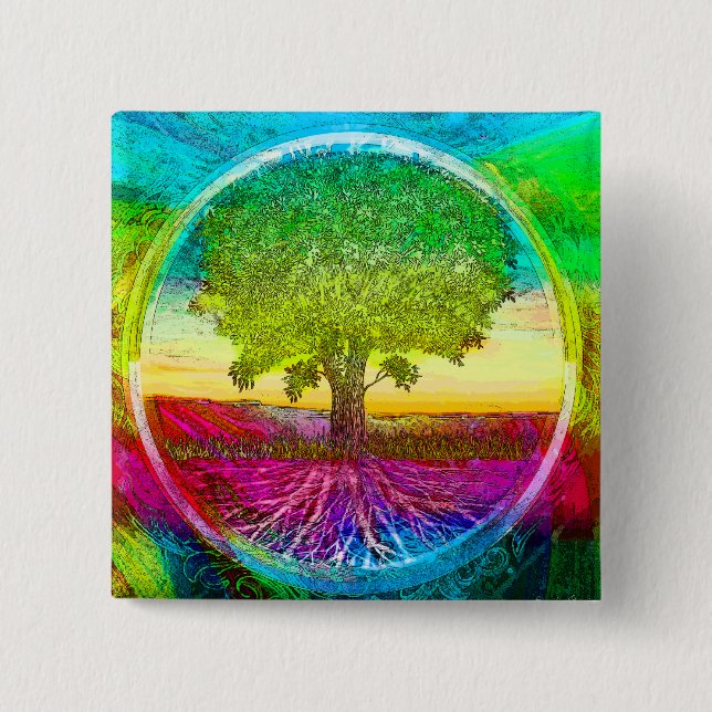 Badge Carré 5 Cm Arbre de la vie coloré par arc-en-ciel (Devant)