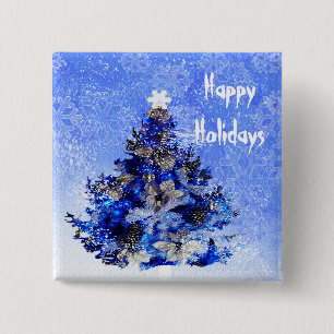 Badge Carré 5 Cm Arbre de Noël décoré en bleu