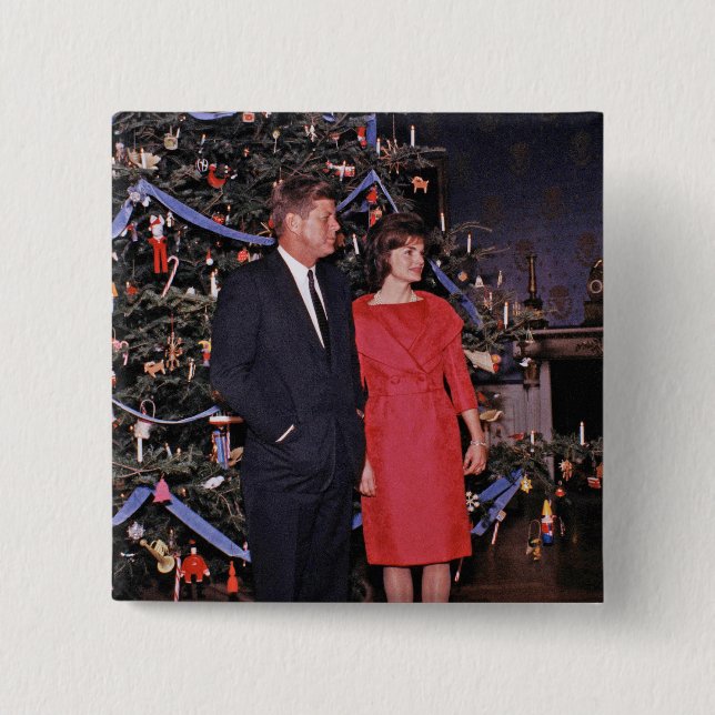 Badge Carré 5 Cm Arbre de Noël Président John Kennedy & Jacqueline (Devant)