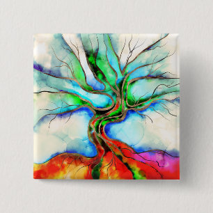 Badge Carré 5 Cm Arbre de vie - aquarelle, encre et or