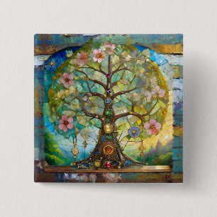 Badge Carré 5 Cm Arbre de Vie Fleurissant des 7 Chakras