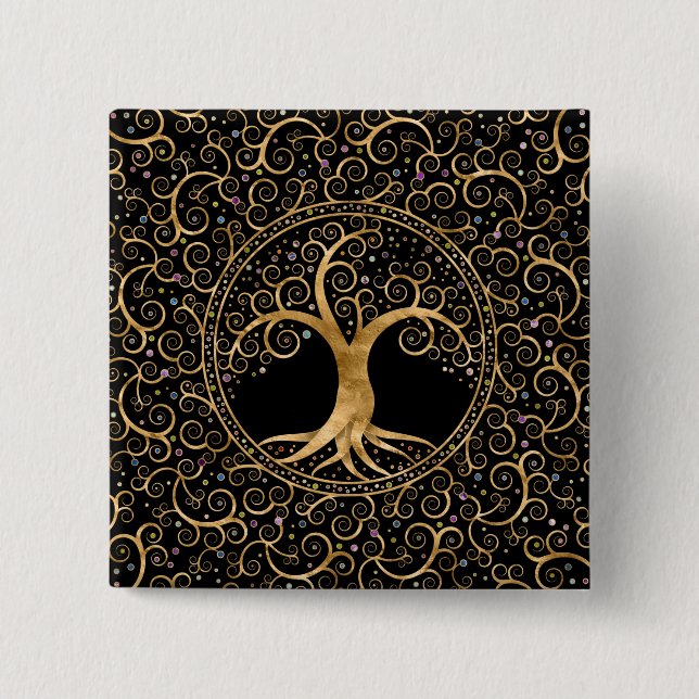 Badge Carré 5 Cm Arbre de vie Spirale dorée et pierres précieuses (Devant)