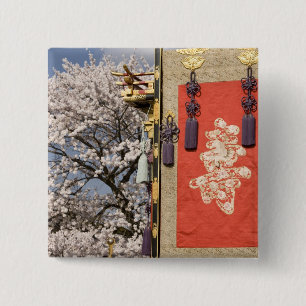 Badge Carré 5 Cm Arbre en fleurs de cerisier et tapisserie de soie