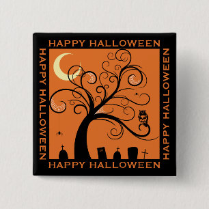 Badge Carré 5 Cm Arbre et cimetière Orange Art Joyeux Halloween