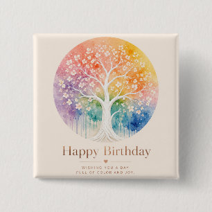 Badge Carré 5 Cm Arbre Fleurissant Arc-en-Ciel Anniversaire Joie
