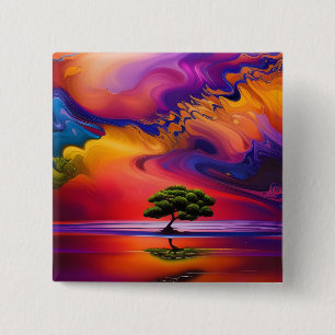 Badge Carré 5 Cm Arbre solitaire dans l'eau ciel coloré