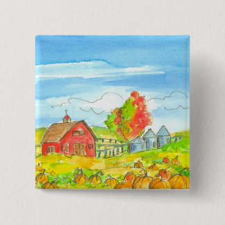 Badge Carré 5 Cm Arbres d'automne Citrouille Patch Grange rouge