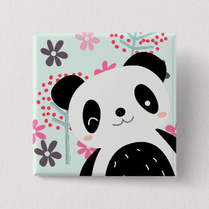 Badge Carré 5 Cm Arbres, fleurs et ours de panda