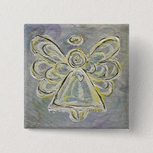 Badge Carré 5 Cm Argent Blanc Lumière Gardien Angel Art Button Pin