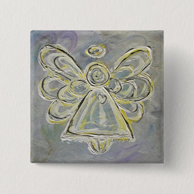 Badge Carré 5 Cm Argent Blanc Lumière Gardien Angel Art Button Pin (Devant)