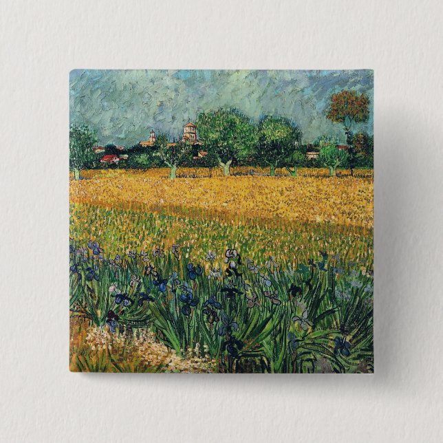 Badge Carré 5 Cm Arles avec Irises Van Gogh Art (Devant)