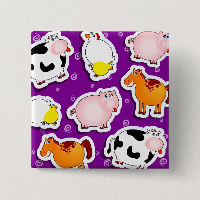 Badge Carré 5 Cm Arrière - plan de ferme heureux, bouton (Devant)