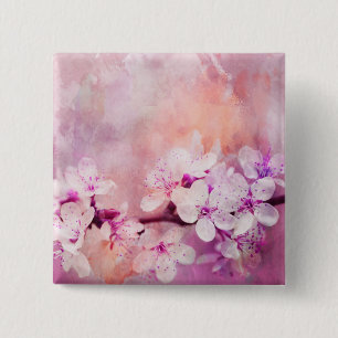 Badge Carré 5 Cm Art d'aquarelle de fleurs de cerisier