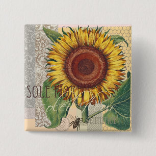 Badge Carré 5 Cm Art de fleur de damas vintage tournesol