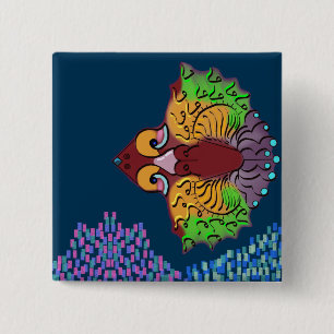 Badge Carré 5 Cm Art de poisson abstrait en écriture thaïe Bouton