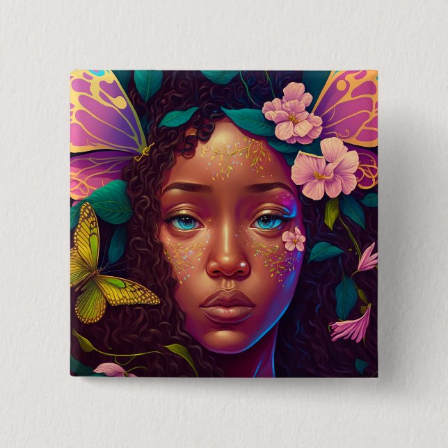 Badge Carré 5 Cm Art d'Imaginaire Fée Noire Africain (Devant)