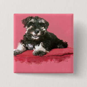 Badge Carré 5 Cm Art numérique d'aquarelle de chiot de Schnauzer