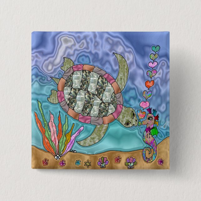 Badge Carré 5 Cm Art psychédélique d'hippocampe de tortue de mer (Devant)