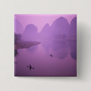 Badge Carré 5 Cm Asie, Chine, Guanxi, Yangshou. Pêcheurs sur radeau