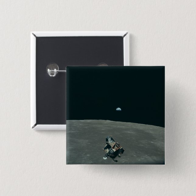 Badge Carré 5 Cm Atterrisseur lunaire Apollo et Terre se levant au- (Devant & derrière)