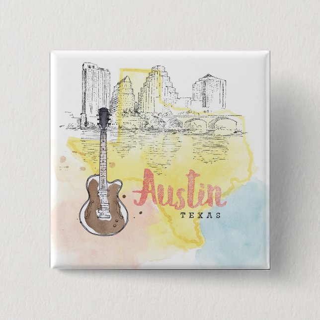 Badge Carré 5 Cm Austin, croquis d'aquarelle du Texas | (Devant)