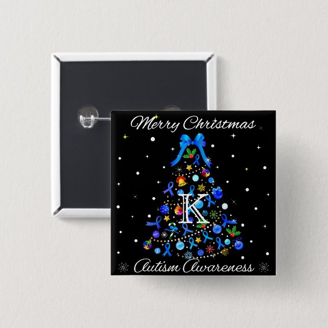 Badge Carré 5 Cm Autisme Arbre de Noël bleu (Devant & derrière)