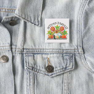 Badge Carré 5 Cm Automne Harvest Art folklorique Citrouille et tour