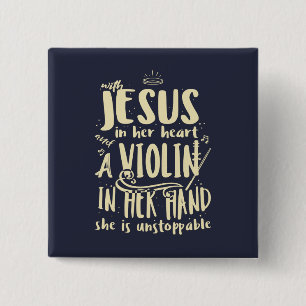 Badge Carré 5 Cm Avec Jésus dans son cœur, un violon dans la main