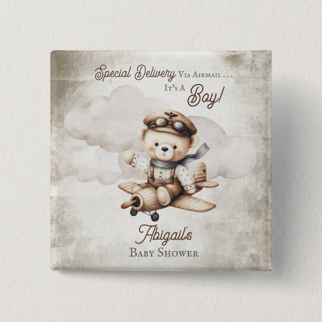 Badge Carré 5 Cm Avion Teddy Bear Baby shower de livraison spécial (Devant)