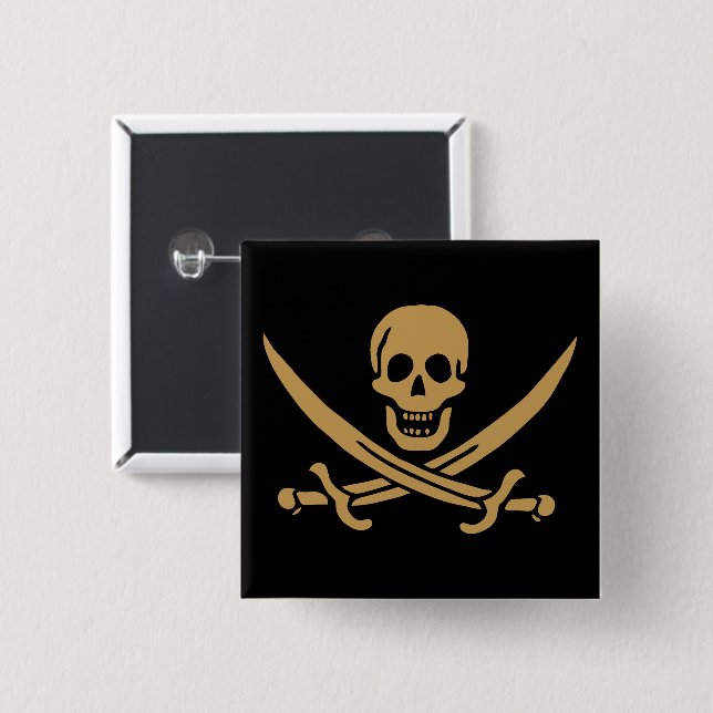 Badge Carré 5 Cm Aztec Gold Crâne et cutlass Pirate Calico Jack (Devant & derrière)