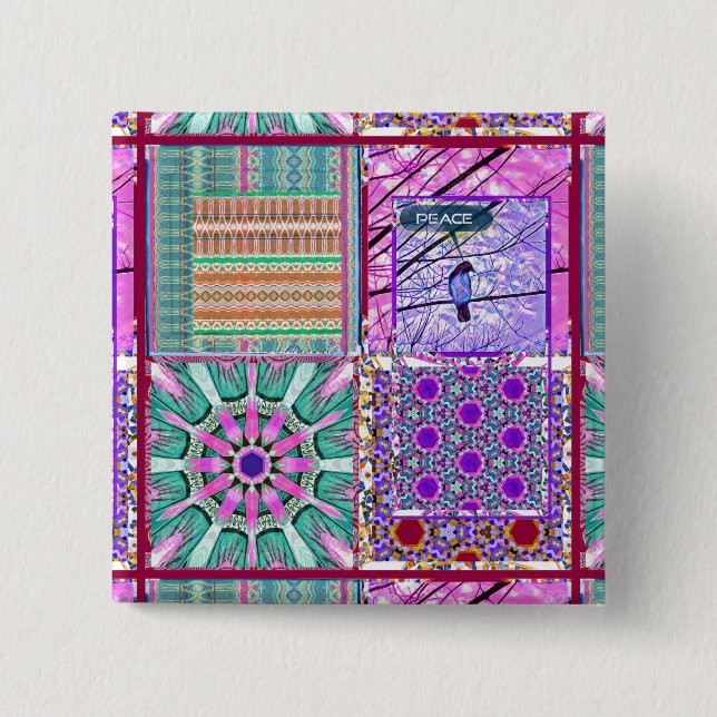Badge Carré 5 Cm Azulejos Carreaux géométriques avec Oiseau de Paix (Devant)