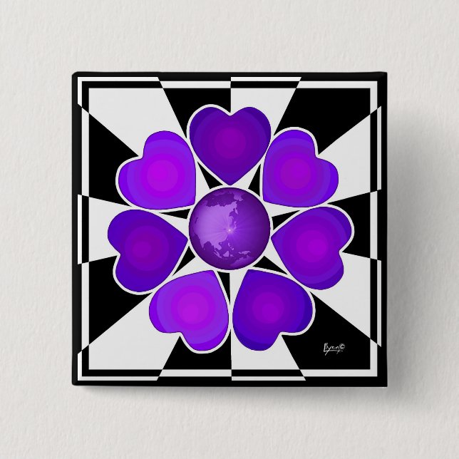 Badge Carré 5 Cm B&W Purple Hearts Beating (Devant)