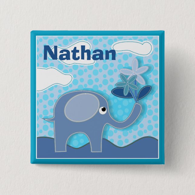 Badge Carré 5 Cm Baby Blue Elephant et Flower Personnalisé (Devant)