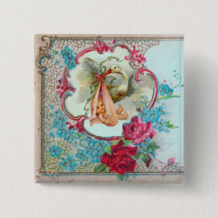 BADGE CARRÉ 5 CM BABY SHOWER DE FILLES EN STORK /ROSES ROSES ROSES 