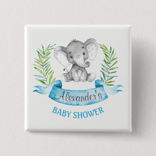 Badge Carré 5 Cm Baby shower de garçon d'éléphant d'aquarelle