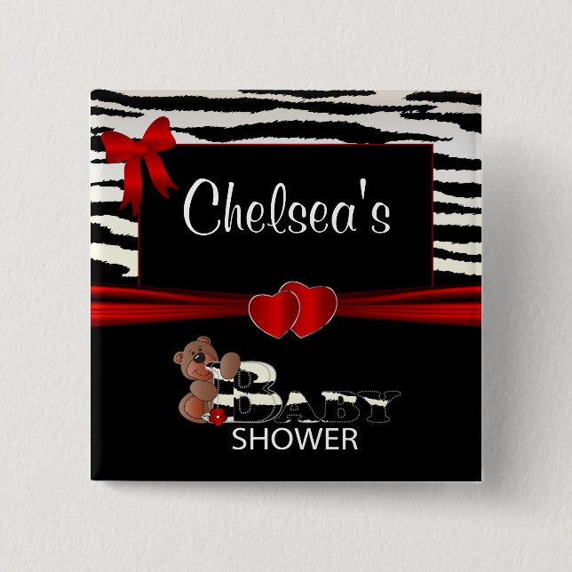 Badge Carré 5 Cm Baby shower Red et Zebra Stripes (Devant)