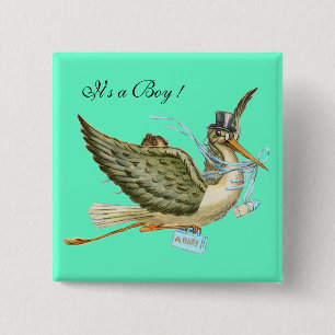 Badge Carré 5 Cm BABY SHOWER, Vert Turquoise "C'est un garçon"