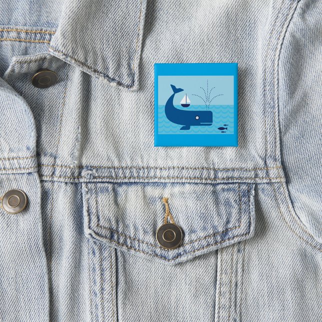 Badge Carré 5 Cm Baleine nautique et voilier Océan Blue Sea (Créateur téléchargé)
