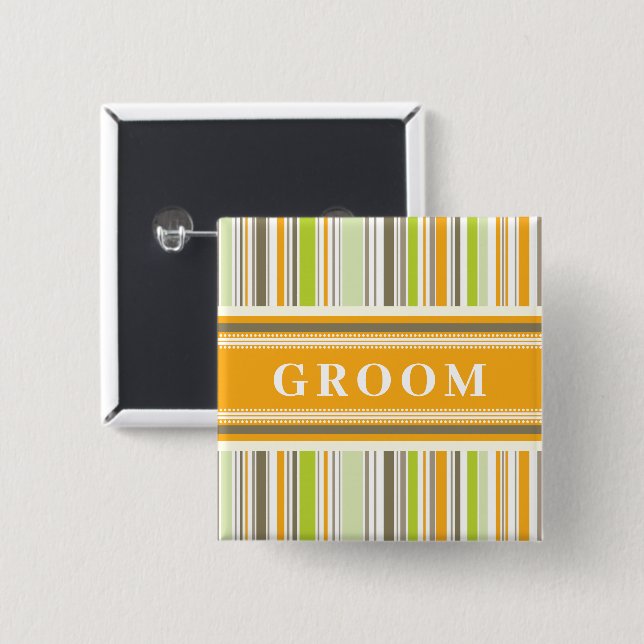 Badge Carré 5 Cm Balise de nom du Mariage GROOM Retro Orange Green  (Devant & derrière)